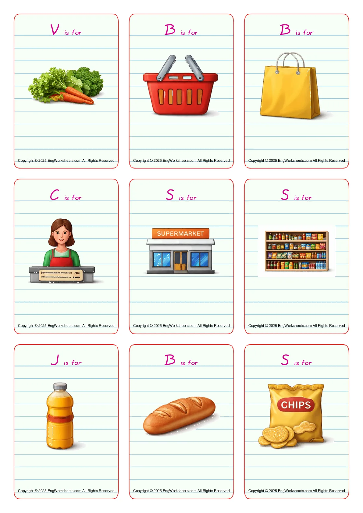 Wordless Supermarket vocabulary worksheet with nine images per page Worksheet Preview