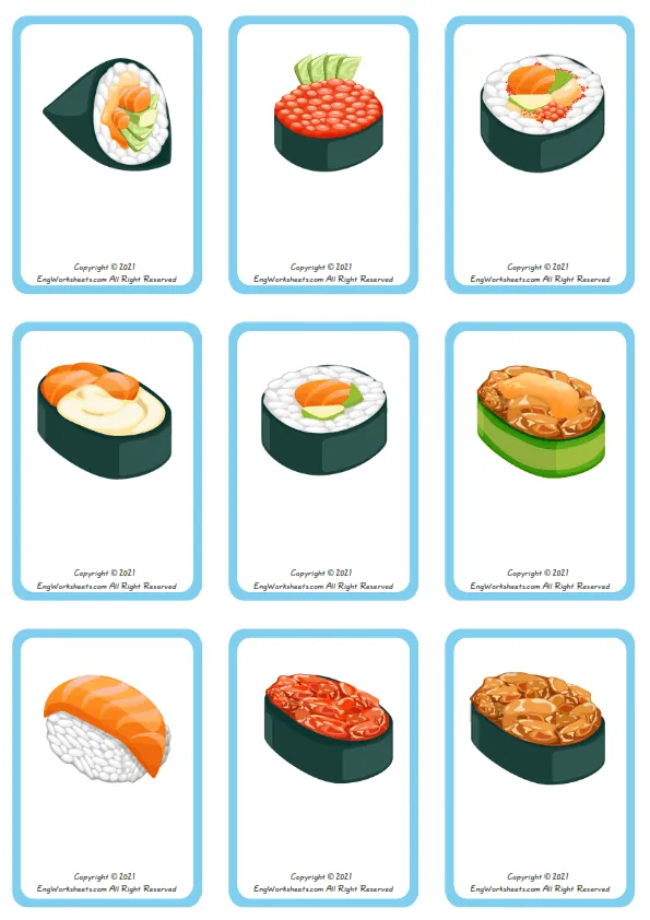 Wordless Sushi vocabulary worksheet with nine images per page