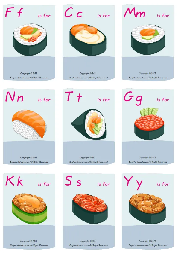 Wordless Sushi vocabulary worksheet with nine images per page