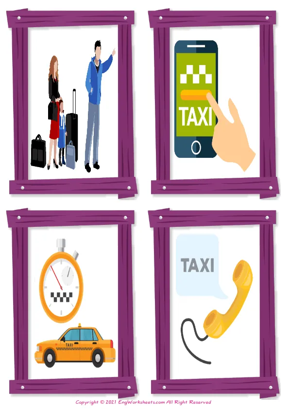 Wordless Taxi vocabulary worksheet with four images per page