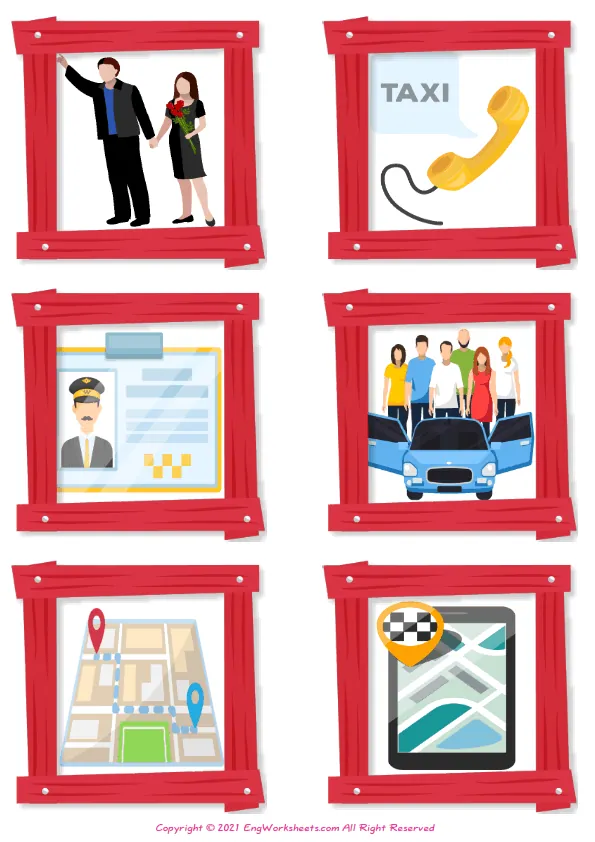 Wordless Taxi vocabulary worksheet with six images per page