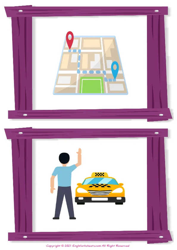 Wordless Taxi vocabulary worksheet with two images per page