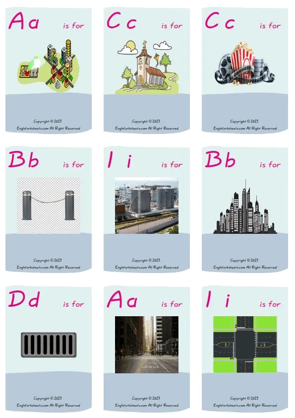 Wordless Town vocabulary worksheet with nine images per page