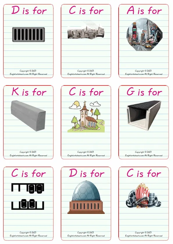 Wordless Town vocabulary worksheet with nine images per page
