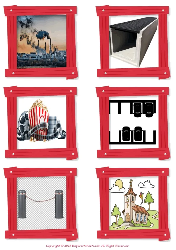 Wordless Town vocabulary worksheet with six images per page