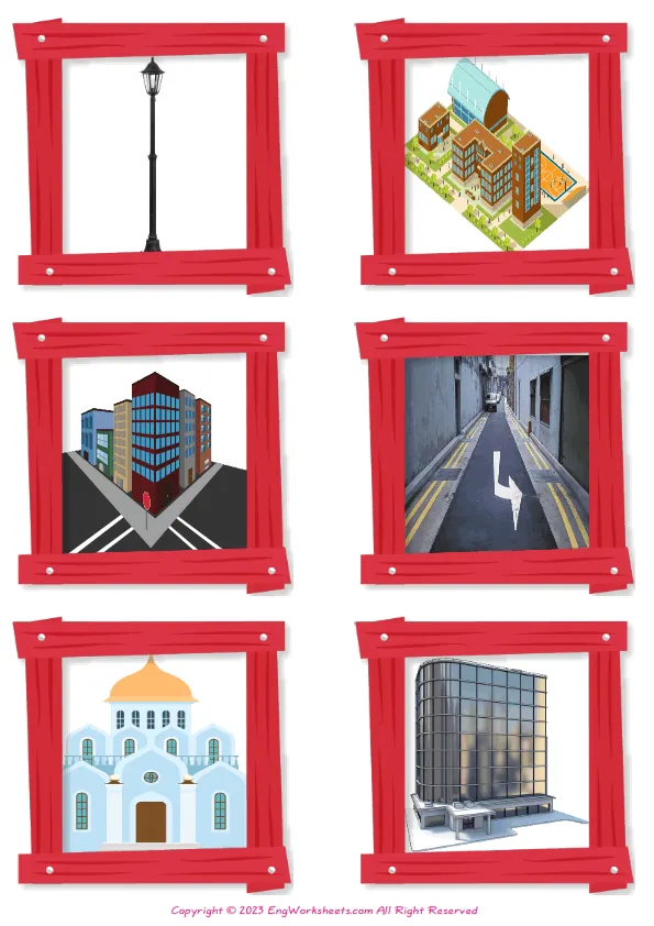 Wordless Town vocabulary worksheet with six images per page Worksheet Preview