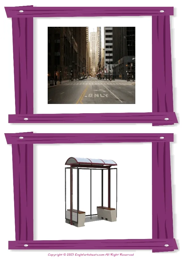 Wordless Town vocabulary worksheet with two images per page