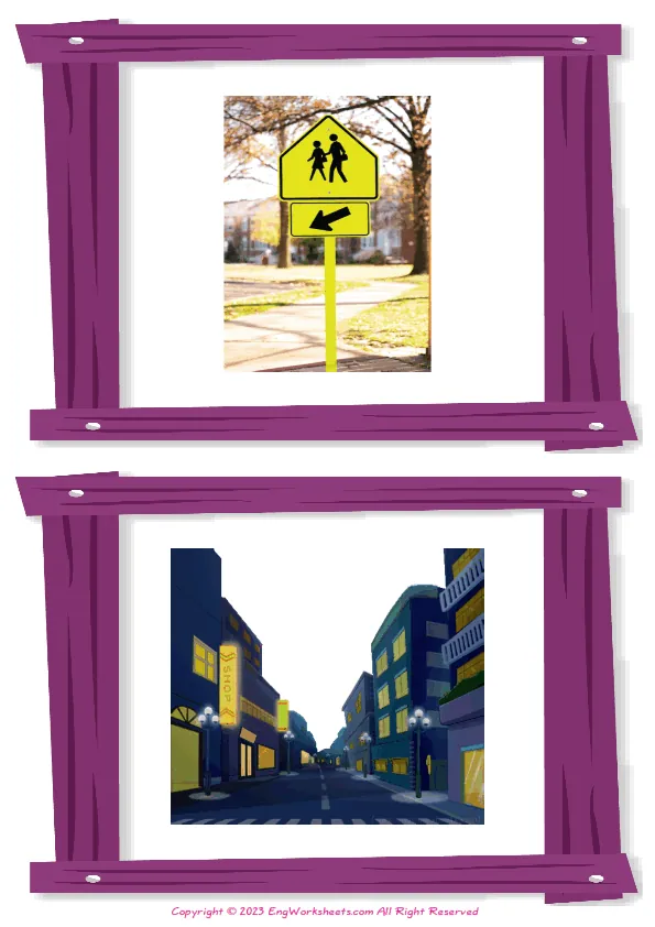 Wordless Town vocabulary worksheet with two images per page Worksheet Preview