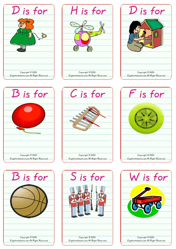 Wordless Toys vocabulary worksheet with nine images per page