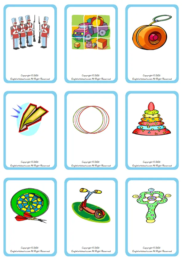 Wordless Toys vocabulary worksheet with nine images per page