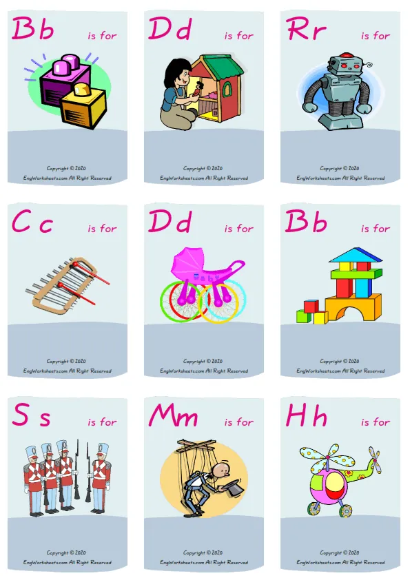 Wordless Toys vocabulary worksheet with nine images per page