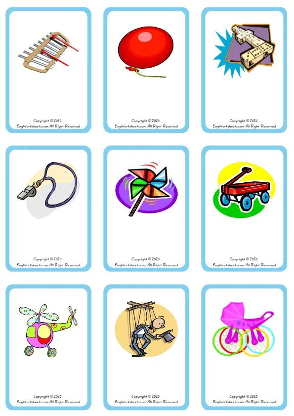 Wordless Toys vocabulary worksheet with nine images per page