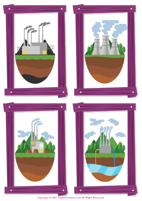 Wordless Types of Energy vocabulary worksheet with four images per page Worksheet Preview