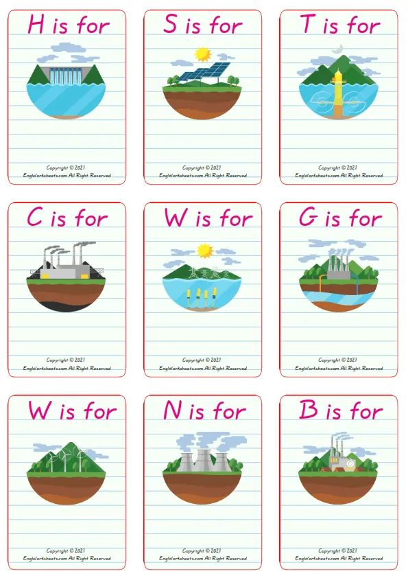 Wordless Types of Energy vocabulary worksheet with nine images per page