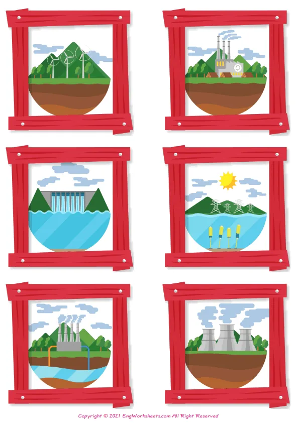 Wordless Types of Energy vocabulary worksheet with six images per page Worksheet Preview