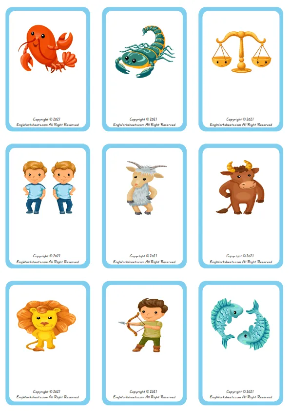 Zodiac Signs vocabulary worksheet with words, two images per page