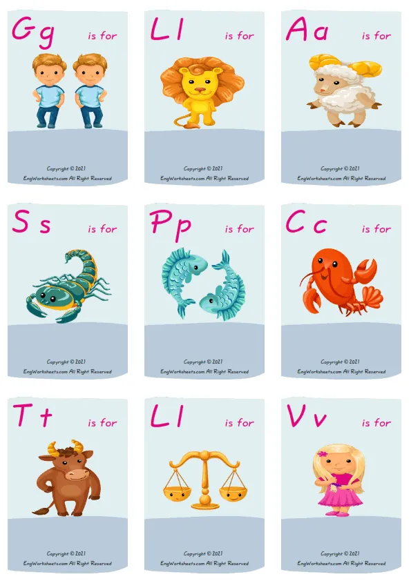 Wordless Zodiac Signs vocabulary worksheet with two images per page