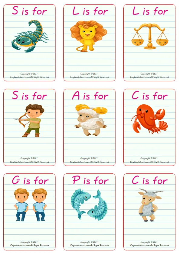 Wordless Zodiac Signs vocabulary worksheet with four images per page