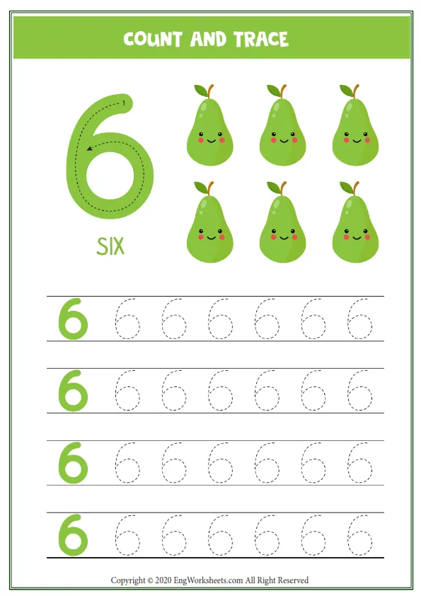 Worksheet Kids Sixcute Cartoon Pear Tracing Number 6