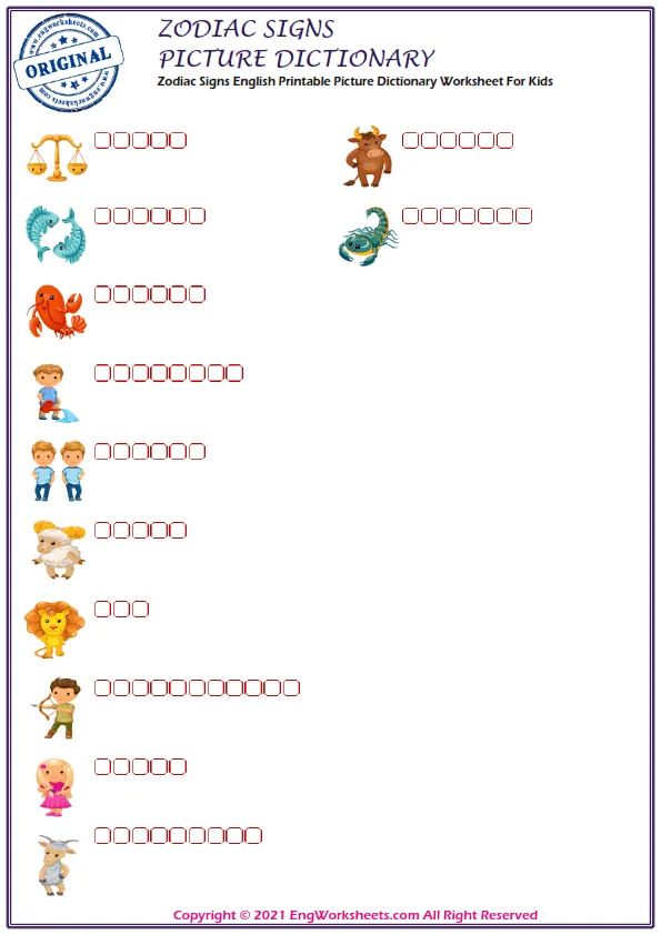 English And Your Native Language Zodiac Signs ESL Printable Dictionary Worksheet For Kids
