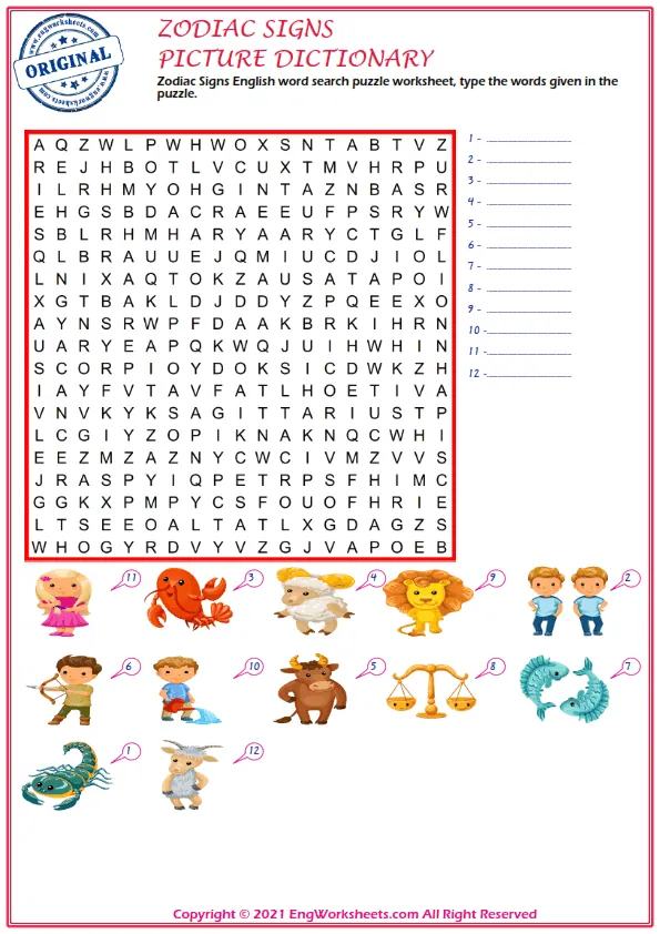 Zodiac Signs ESL Printable Multiple Choice Test. Choose The Right Word. Worksheet Preview