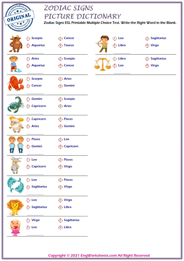Zodiac Signs ESL Printable Unscramble the Words Worksheet For Kids