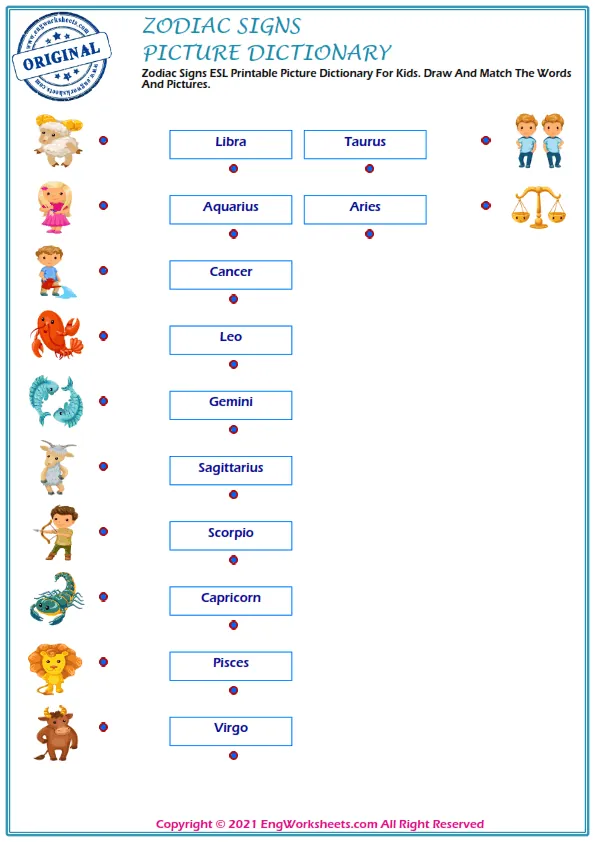 Zodiac Signs ESL Printable Unscramble the Words Worksheet.
