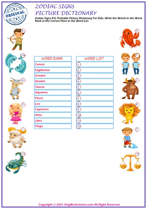 Zodiac Signs ESL snake word writing exercise worksheet.