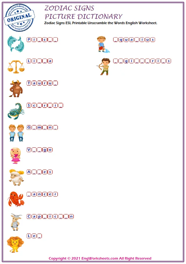 Zodiac Signs ESL Printable Picture Dictionary Worksheet For Kids