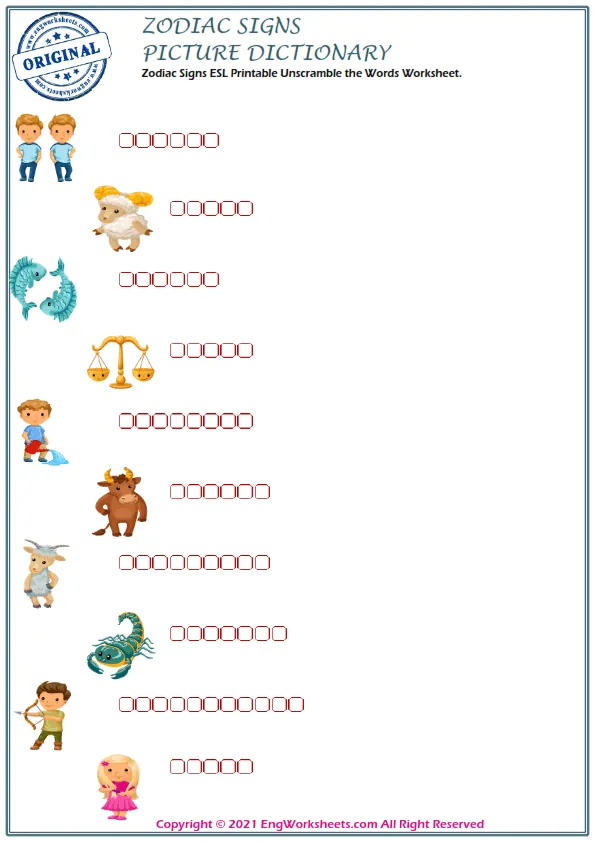 Zodiac Signs vocabulary worksheet with words, six images per page