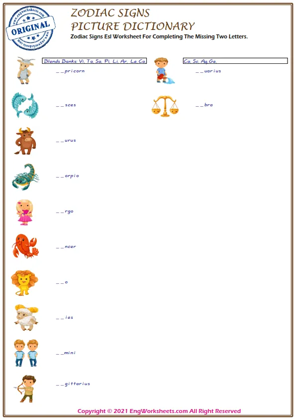 Zodiac Signs ESL Vocabulary Matching Exercise Worksheet For Kids