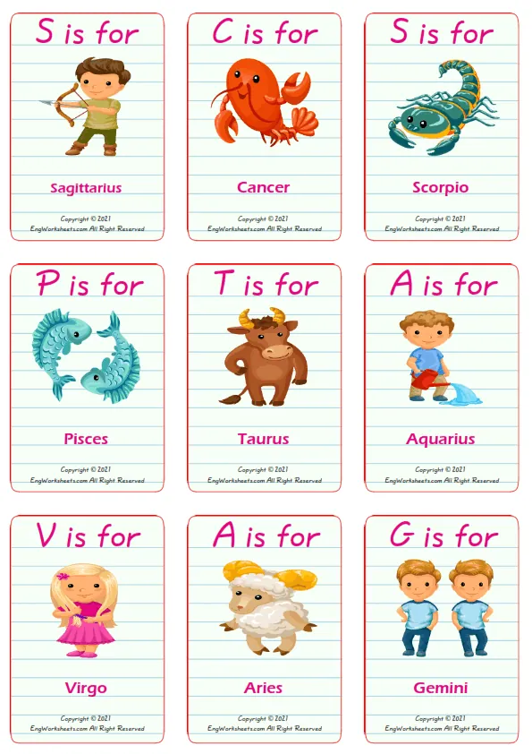 Zodiac Signs English vocabulary worksheet with full-page words Worksheet Preview