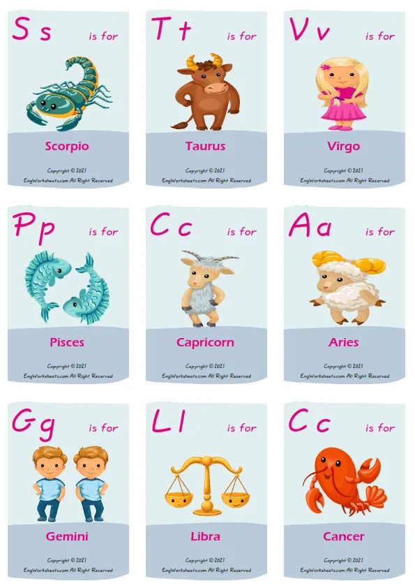 Zodiac Signs English crossword puzzle worksheet, write the appropriate words to the pictures given in the puzzle. Worksheet Preview