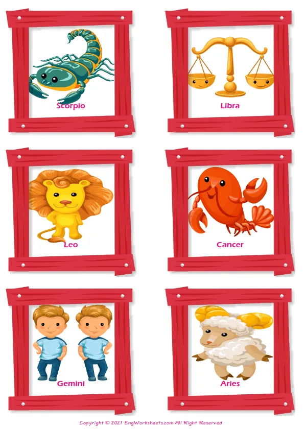 Zodiac Signs English word search puzzle worksheet, type the words given in the puzzle.