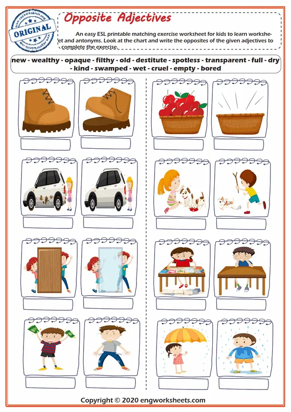 Opposite Adjectives Esl Matching Exercise Worksheet For Kids