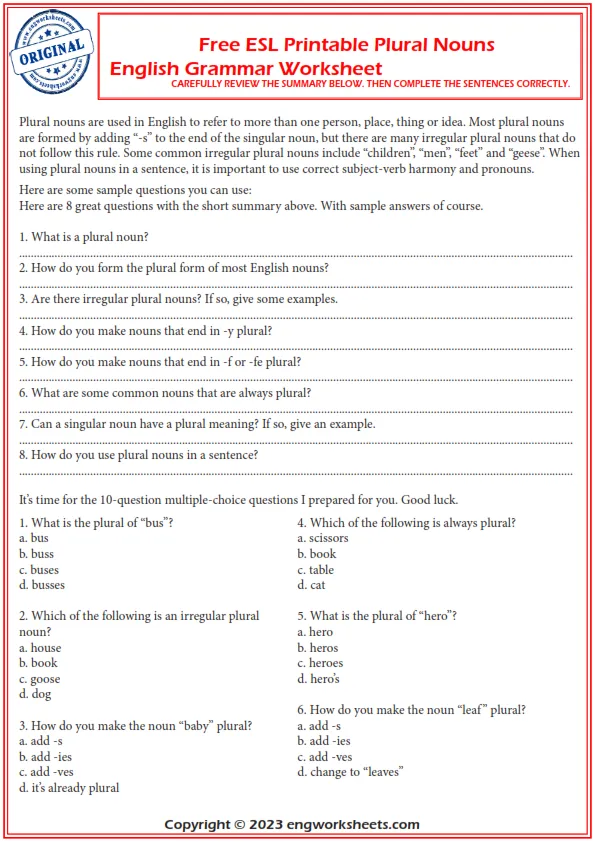 Free Esl Printable Plural Nouns English Grammar Worksheet