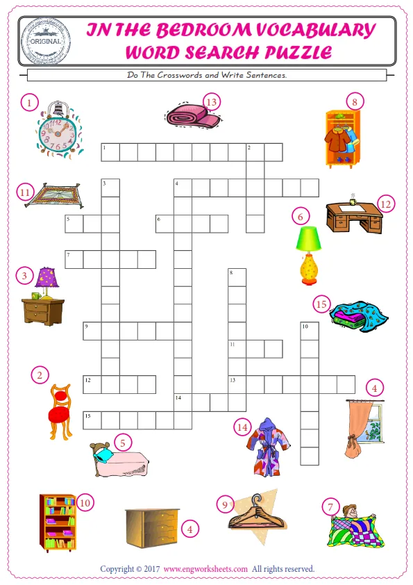 ESL printable worksheet for kids, supply the missing words of the crossword by using the Bedroom picture.