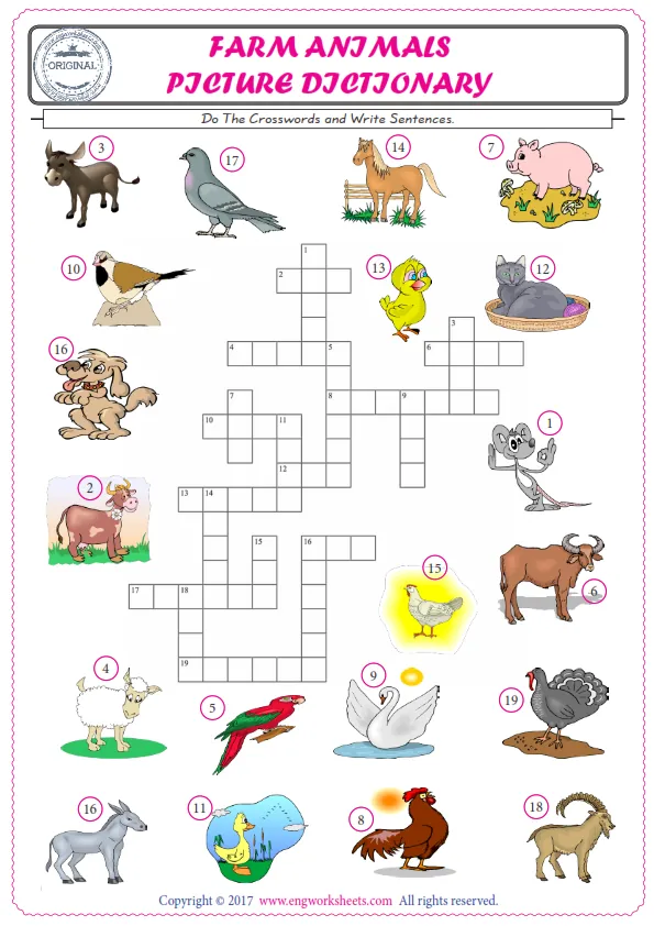 ESL printable worksheet for kids, supply the missing words of the crossword by using the Farm Animals picture.