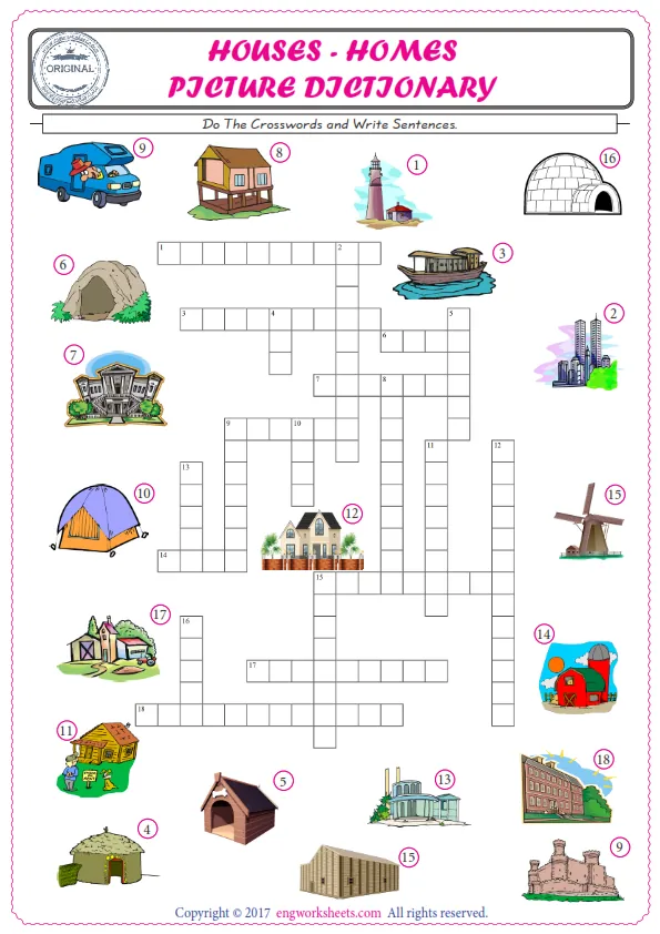ESL printable worksheet for kids, supply the missing words of the crossword by using the Houses Homes picture.