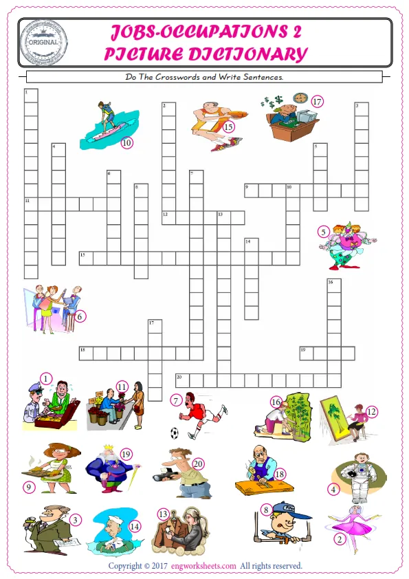 ESL printable worksheet for kids, supply the missing words of the crossword by using the Jobs-Occupations picture.