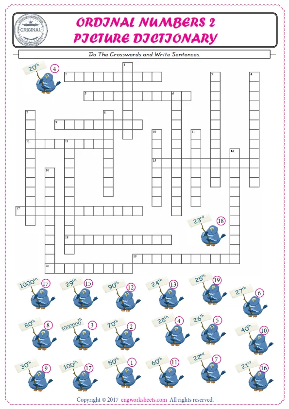 ESL printable worksheet for kids, supply the missing words of the crossword by using the Ordinal Numbers picture.