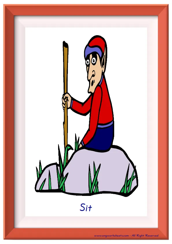 Full page ESL Flashcard together with words containing Action Verbs picture for kids and teachers.