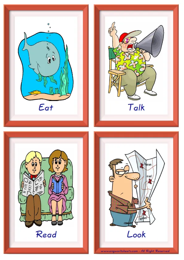 Quarter page ESL Flashcard together with words containing Action Verbs picture for kids and teachers.