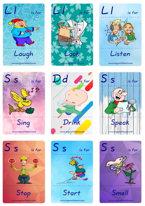 Mini size ESL Flashcard Action Verbs for kids and teachers.