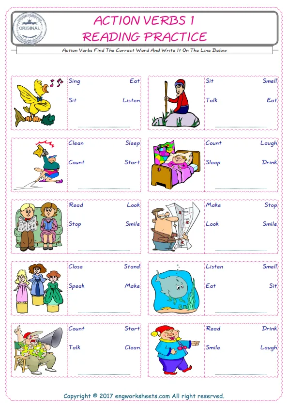 Check the picture of the Action Verbs for kids ESL worksheet for supplying the correct one among three words into the blank place.