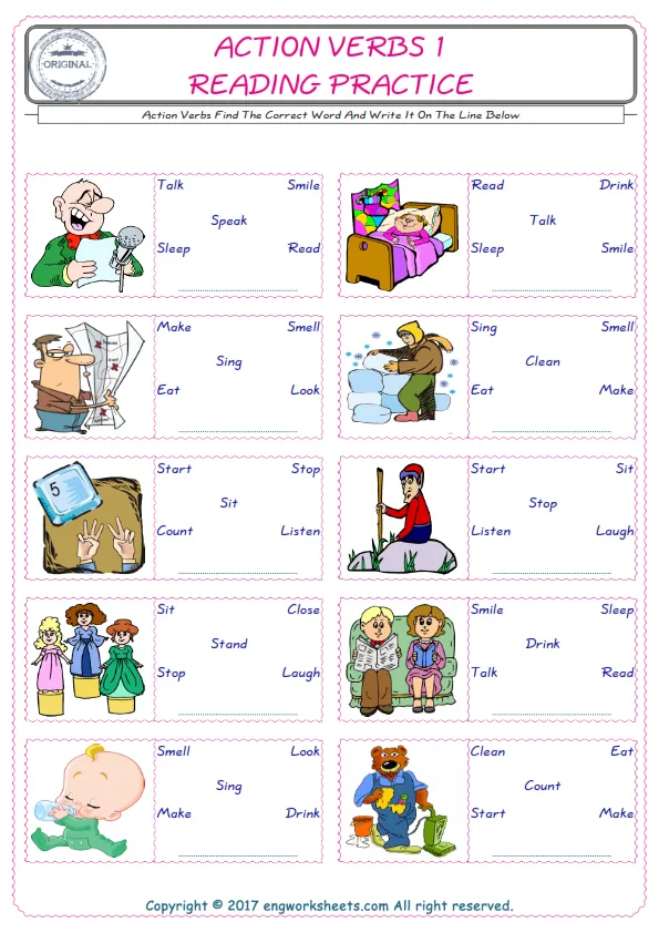 Check the picture of the Action Verbs for kids ESL worksheet for supplying the correct one among five words into the blank place.