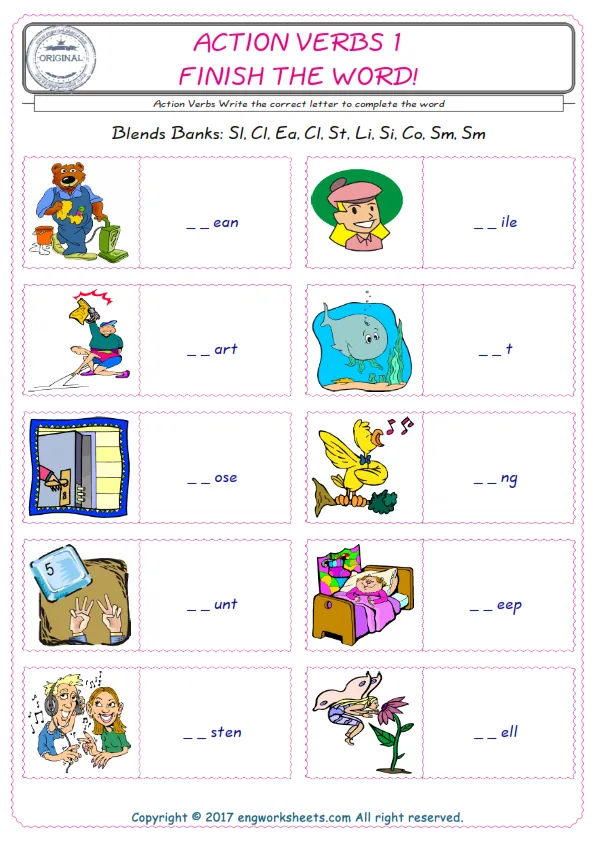 For kids, the Action Verbs English worksheet for supplying into the correct blank place given letters special to the Action Verbs Words.
