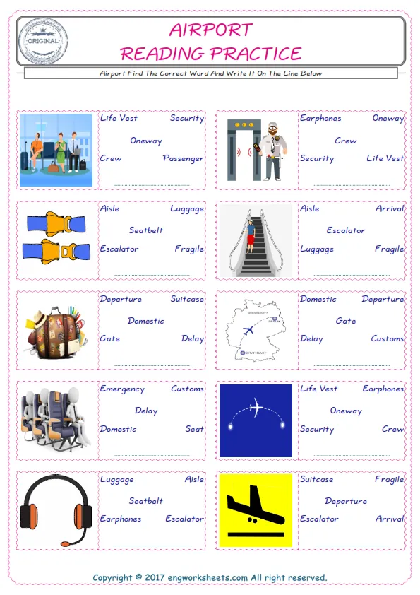 Check the picture of the Airport for kids ESL worksheet for supplying the correct one among five words into the blank place.