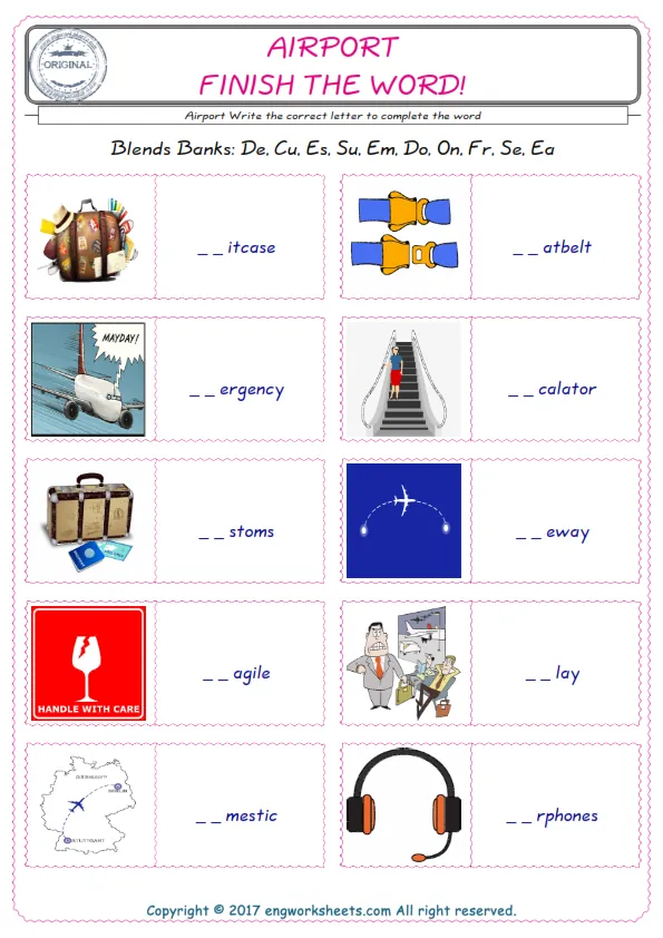 For kids, the Airport English worksheet for supplying into the correct blank place given letters special to the Airport Words.