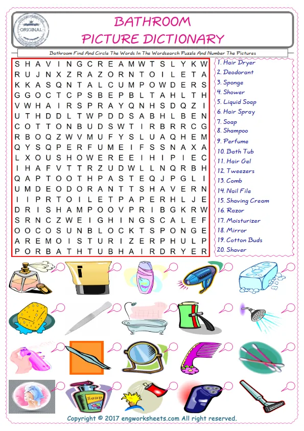 ESL wordsearch worksheets for kids, find Bathroom words in the word wordsearch write its number on its picture English worksheet.
